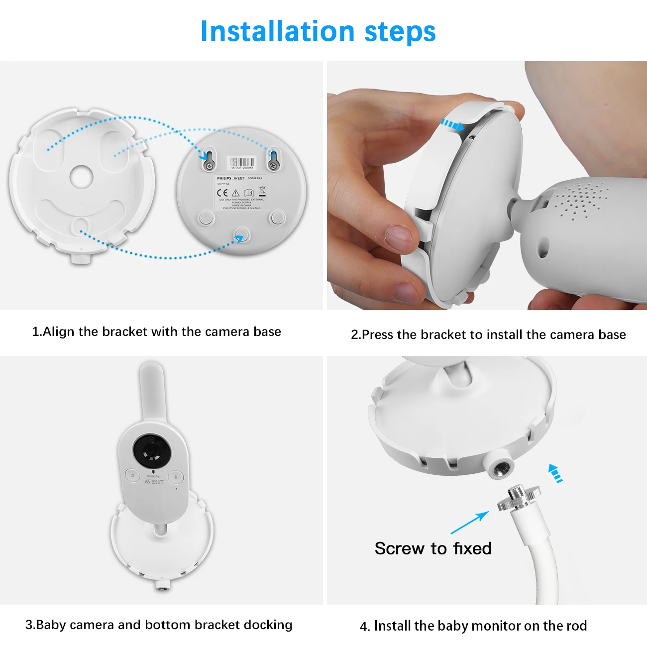 필립스 아벤트 비디오 베이비 모니터 카메라 홀더, 유아용 침대 선반 또는 가구 클립용 베이스가 있는 유연한 클립 클램프 마운트