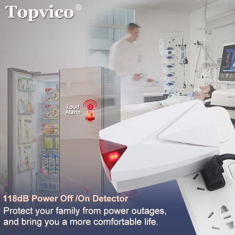 Topvico 2pcs 정전 경보 Off + On 감지기 경고 100V - 220V 냉동고/의료 정전 센서 led가있는 118dB 시끄러운 사이렌
