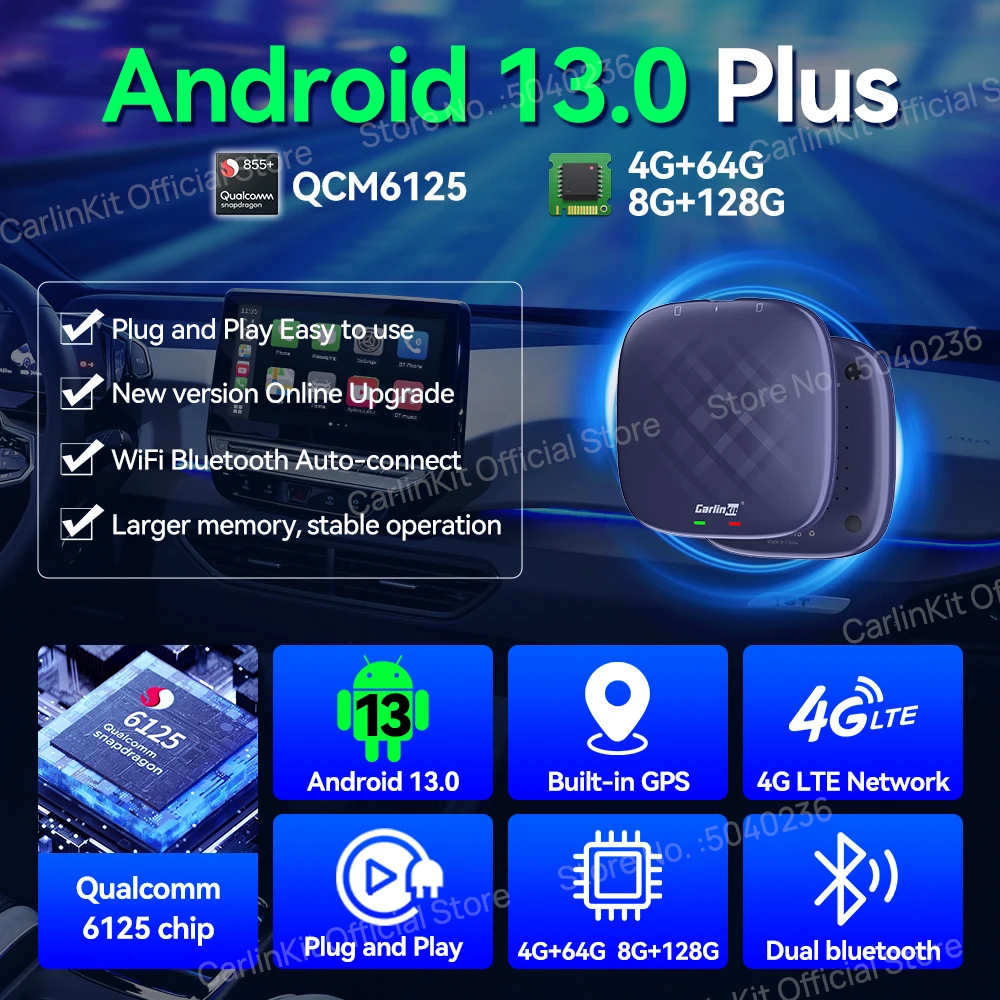 2024 새로운 CarlinKit CarPlay Ai Box Qualcomm 6125 8 코어 안드로이드 13/11 무선 Carplay 안드로이드 자동차 자동차 비디오 TV 박스 자동 연결 지원 WiFi SIM 카드