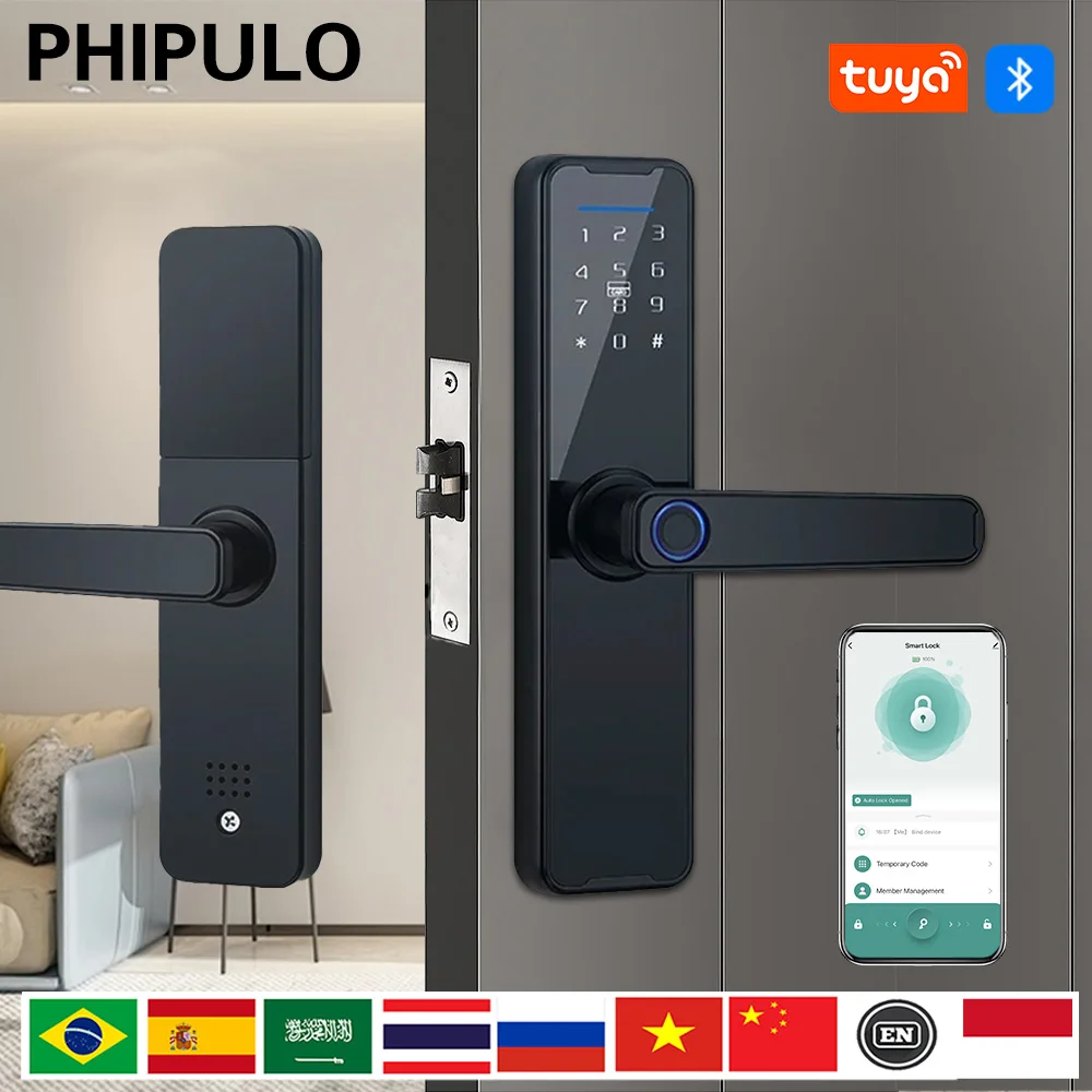 PHIPULO Tuya 전자 스마트 문짝 잠금 장치, 생체 지문, 스마트 카드, 암호, 키 잠금 해제, USB 비상 충전 title=PHIPULO Tuya 전자 스마트 문짝 잠금 장치, 생체 지문, 스마트 카드, 암호, 키 잠금 해제, USB 비상 충전 