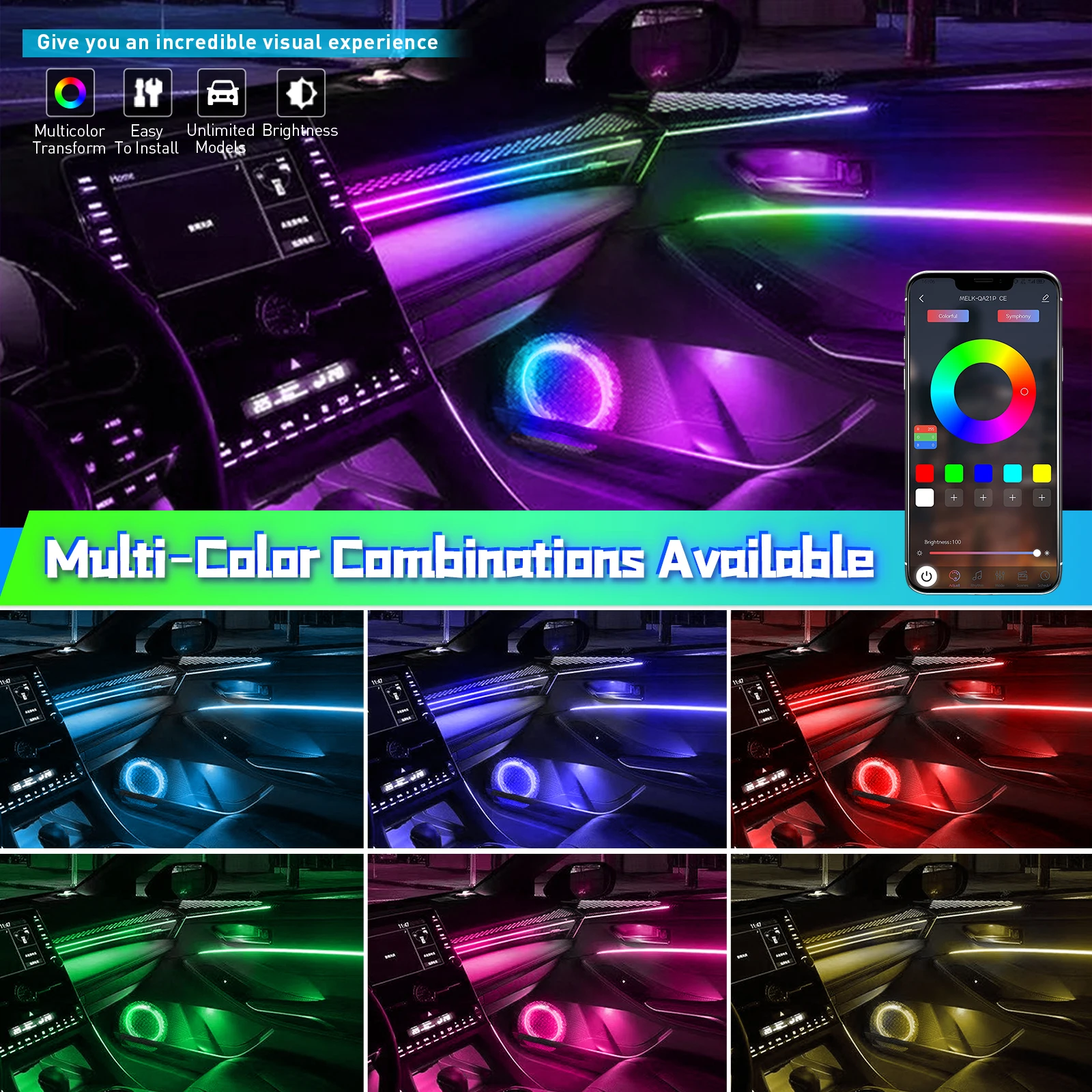 심포니 RGB 자동차 주변 경적 조명, LED 오디오 후드, 64 색 인테리어 장식, 분위기 램프, 앱 제어 액세서리, 5.9 인치