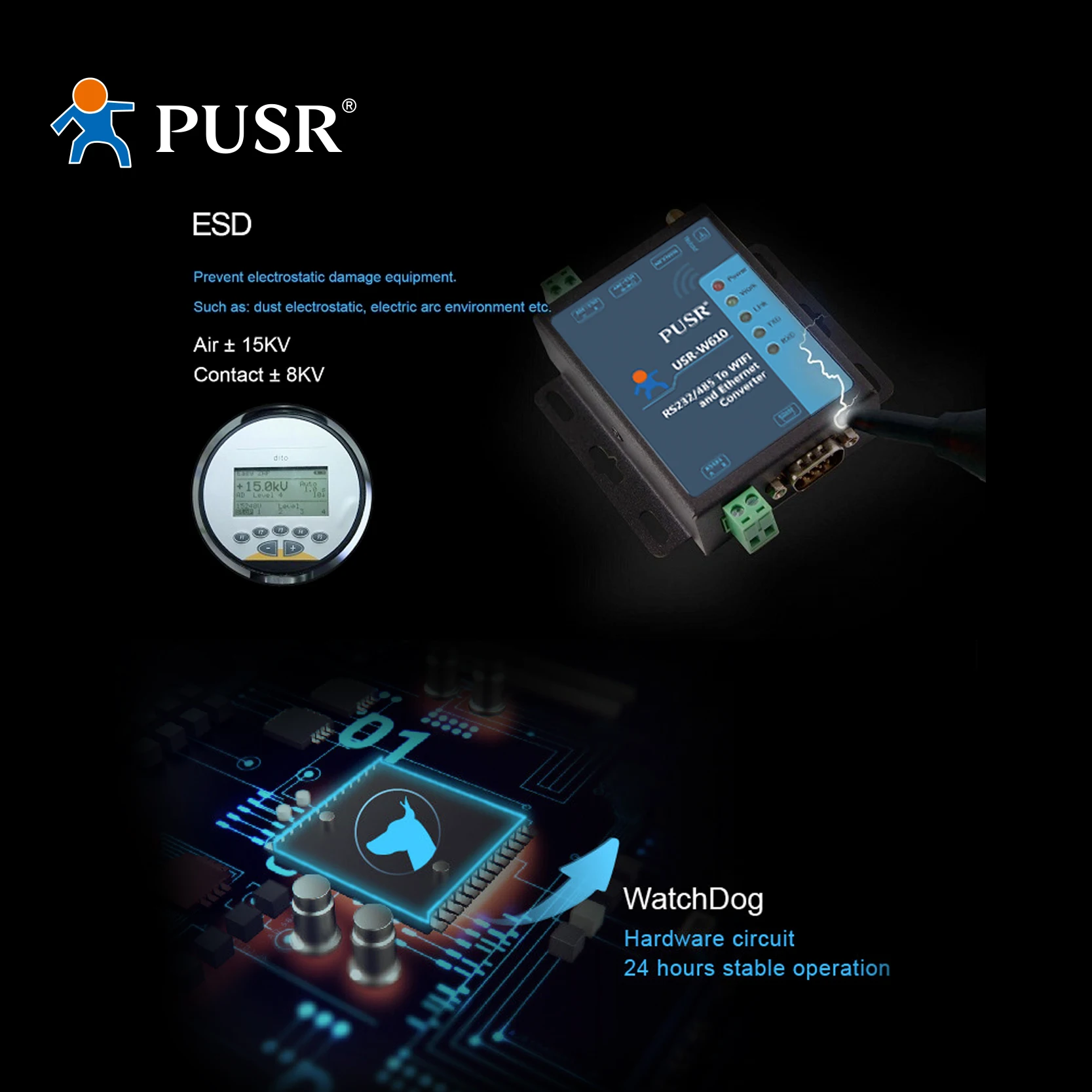 PUSR RS485 RS232 직렬 장치 서버, 직렬-와이파이, 와이파이-이더넷 변환기, Modbus 게이트웨이 USR-W610 지원