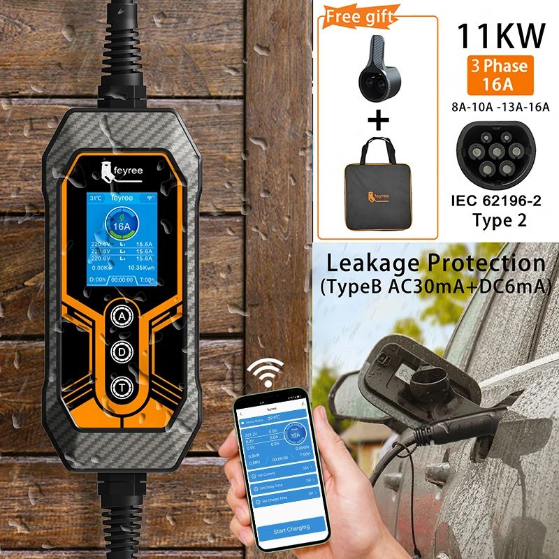 Feyree 타입 2 휴대용 EV 충전기, 11KW 16A, 3 상 Wi-Fi APP, 블루투스 버전, EVSE 충전 케이블, 5m, 전기 자동차용 CEE 플러그 title=Feyree 타입 2 휴대용 EV 충전기, 11KW 16A, 3 상 Wi-Fi APP, 블루투스 버전, EVSE 충전 케이블, 5m, 전기 자동차용 CEE 플러그 