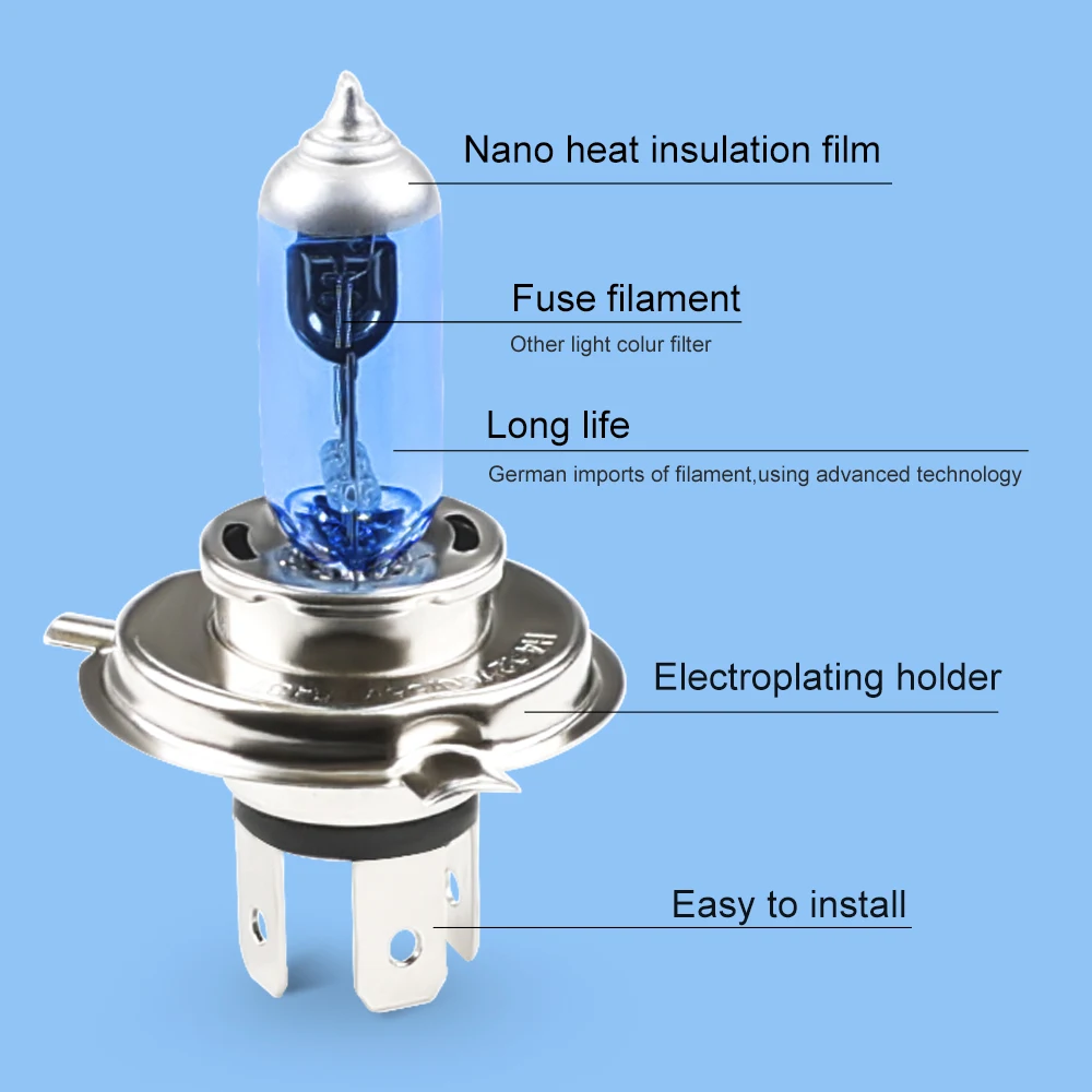 차량용 할로겐 전구, 하이 로우 빔, 9003 슈퍼 제논 화이트 6000K 헤드라이트 램프, H4 60 55W, 12V, P43T