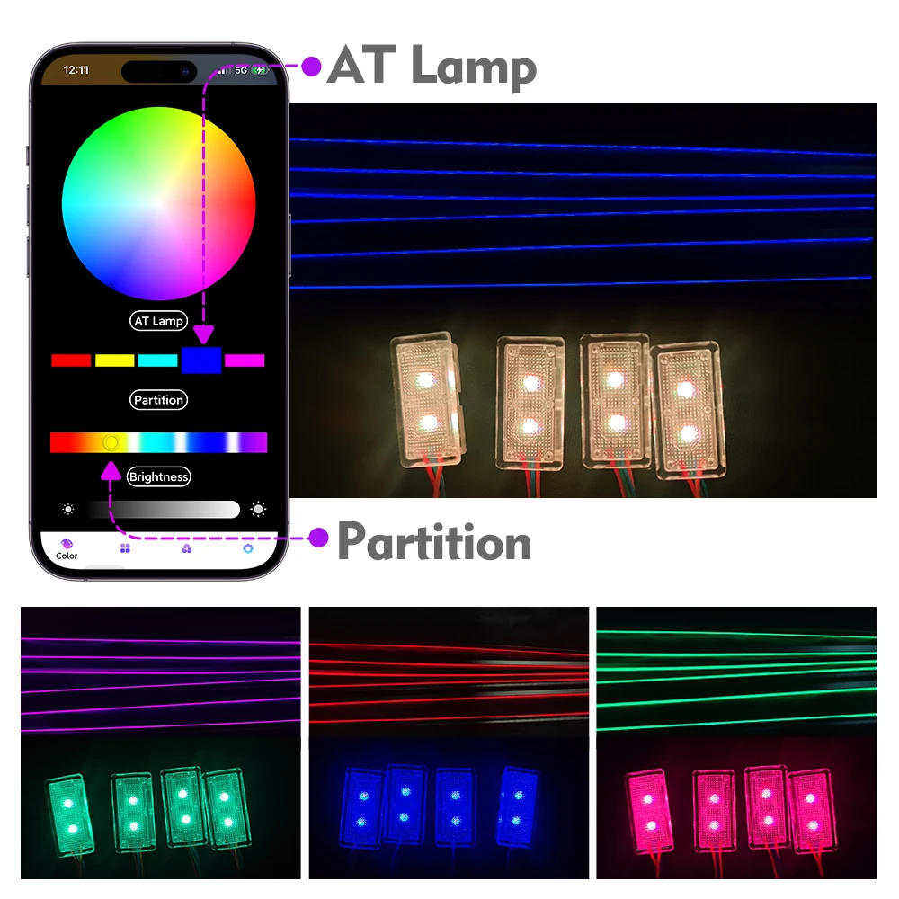 LED 앰비언트 RGB 라이트 스트립, 내부 광섬유 듀얼 존, 64 색 조명, 범용 자동차 장식, 분위기 램프, 앱 제어
