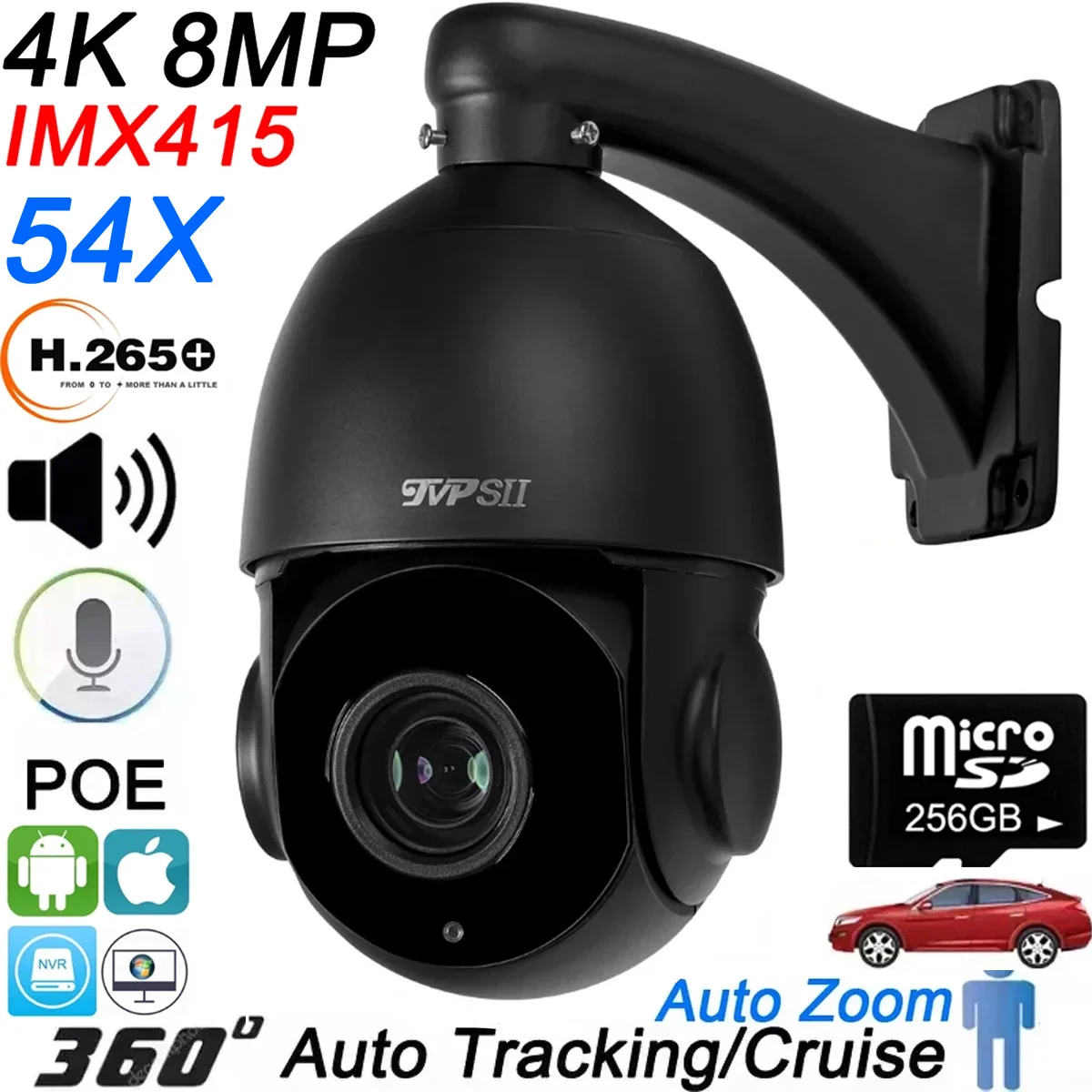야외용 ONVIF POE PTZ IP 감시 카메라, 자동 추적, Max.256g, 8MP, 4K, 54X 광학 줌, 360 ° 회전 오디오 title=야외용 ONVIF POE PTZ IP 감시 카메라, 자동 추적, Max.256g, 8MP, 4K, 54X 광학 줌, 360 ° 회전 오디오
