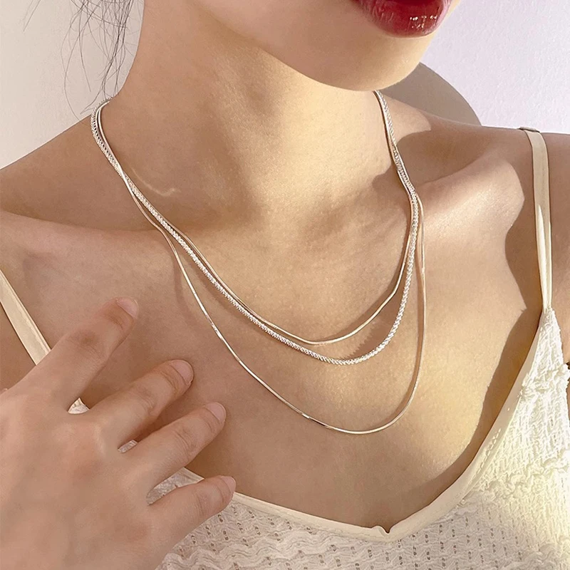 925 스털링 실버 여성용 쥬얼리 칼라, 유럽 심플 실버, 멀티 레이어 바 목걸이, 쇄골 체인, 패션 선물 NK163