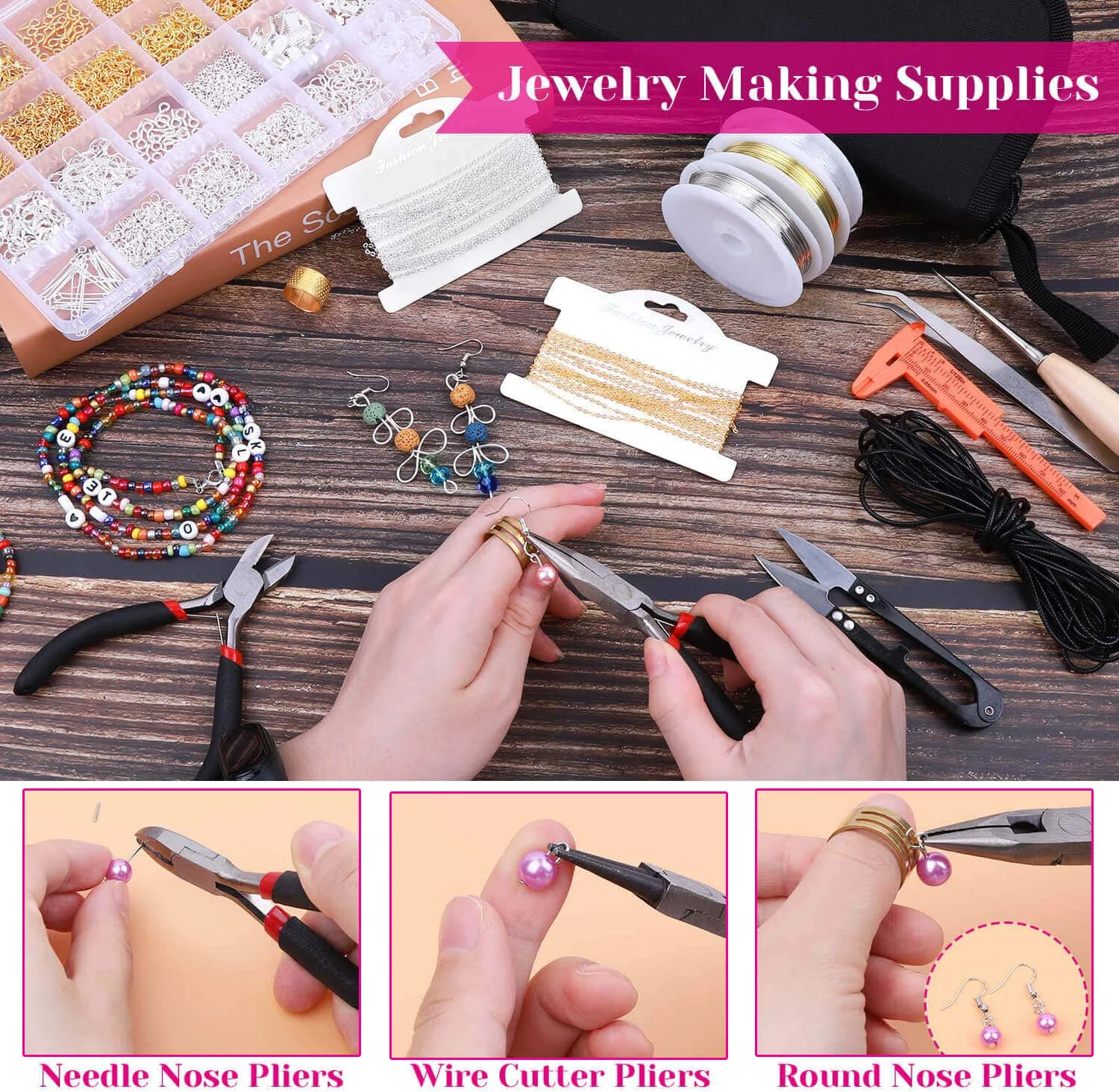 쥬얼리 액세서리 제작 키트, 오픈 점프 링 랍스터 걸쇠 펜치, 구슬 바늘 가위, 탄성 스레드 구리 와이어 용품