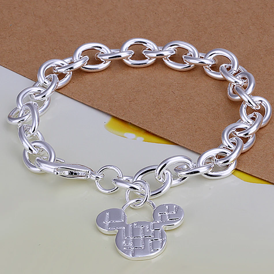 925 스털링 실버 쥬얼리 세트, 여성용 귀여운 미키 체인 팔찌, 트렌디 쥬얼리 실버 뱅글 선물