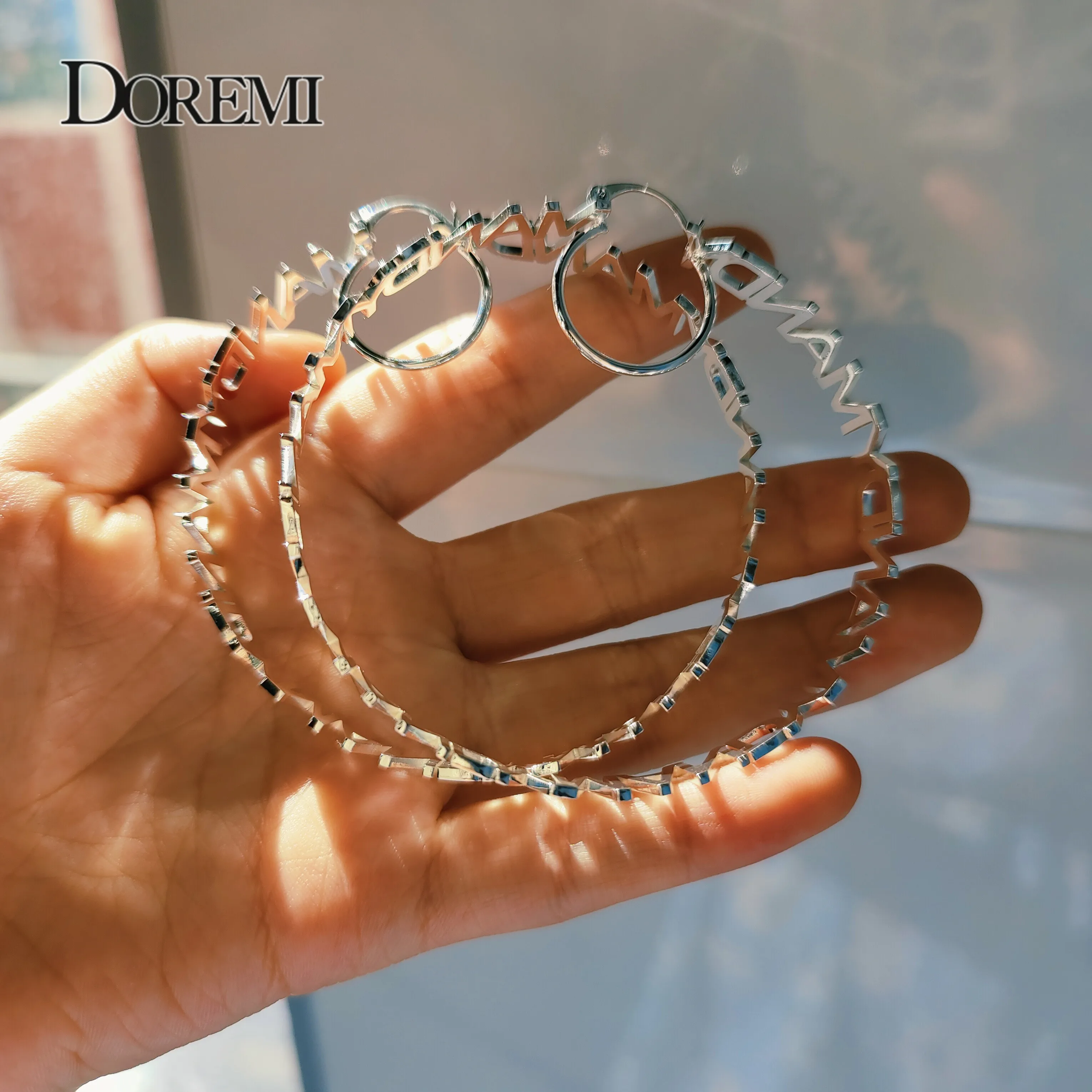 DOREMI 글자 대나무 귀걸이, 스테인리스 U자형 걸쇠, 맞춤 이름 후프, 맞춤 이름 후프, 여성 선물, 70mm