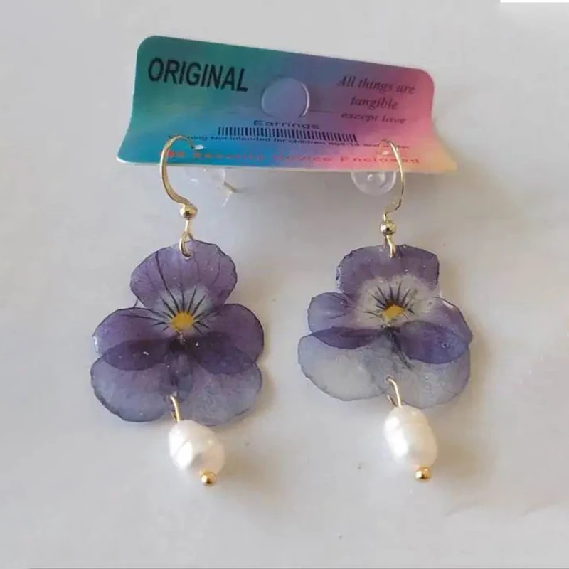 독특한 에폭시 송진 프레스 리얼 플라워 귀걸이, 수제 천연 프레스 플라워 귀걸이, 2024 신상 주얼리 도매