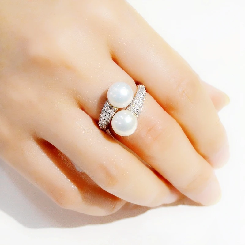 여성용 더블 펄 링, 라운드 천연 담수 진주, 실버 링, 멀티 컬러 진주, 지르코니아 조절 가능 반지