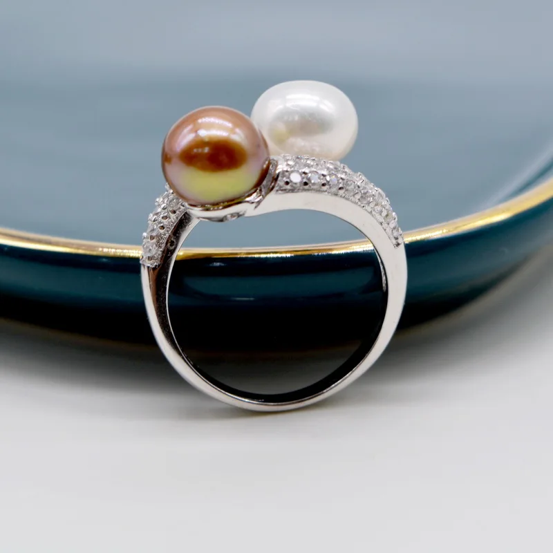 여성용 더블 펄 링, 라운드 천연 담수 진주, 실버 링, 멀티 컬러 진주, 지르코니아 조절 가능 반지