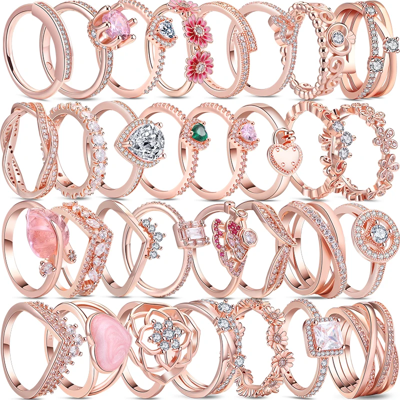 진짜 925 스털링 실버 페이브 반지 데이지 위시본 하트 스파클링 행 지르콘 크라운 로즈 골드 판타로 반지, 여성 쥬얼리 선물 title=진짜 925 스털링 실버 페이브 반지 데이지 위시본 하트 스파클링 행 지르콘 크라운 로즈 골드 판타로 반지, 여성 쥬얼리 선물