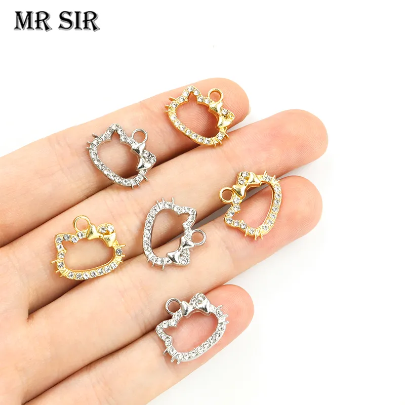 귀여운 고양이 고양이 머리 크리스탈 라인스톤 금속 참 펜던트, DIY 쥬얼리 제작, 수제 팔찌 액세서리, 도매, 20 개 title=귀여운 고양이 고양이 머리 크리스탈 라인스톤 금속 참 펜던트, DIY 쥬얼리 제작, 수제 팔찌 액세서리, 도매, 20 개
