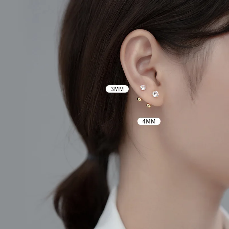 WANTME 여성용 라운드 지르콘 심플 비드 스터드 귀걸이, 925 스털링 실버, 럭셔리 바디 피어싱, 패션 주얼리 액세서리