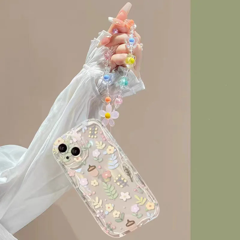 아이폰 휴대폰 케이스 백 커버 꽃 팔찌 손목 체인 스트랩, 아이폰 16, 15 프로 맥스, 14, 11, 13, 12 미니, XR, 8, 7 플러스, X, XS, SE, 2020, 2022