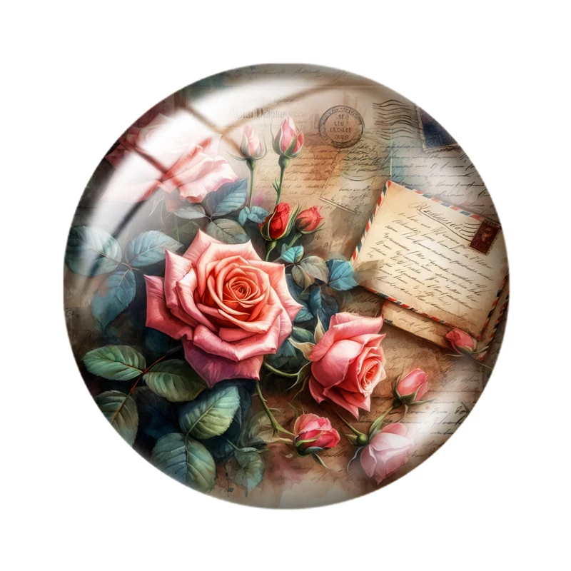 레트로 장미 나비 라운드 사진 유리 카보숑, 플랫 백 제작 연구 결과, 10 개, 12mm, 16mm, 18mm, 30mm, 25mm