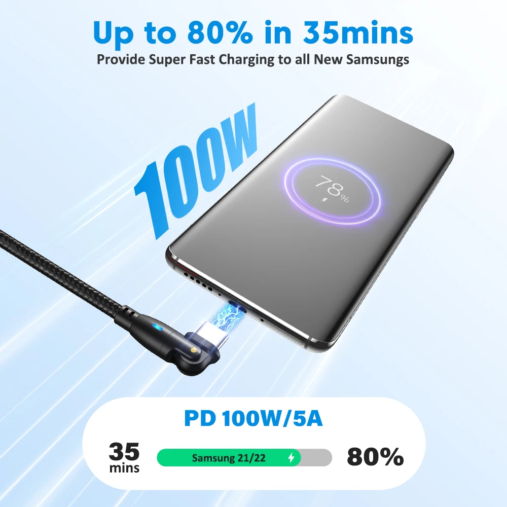 100W USB 타입 C USB C 케이블 5A PD 고속 충전 와이어 코드, 맥북 프로 샤오미 아이패드 삼성 180 회전 USB-C 케이블