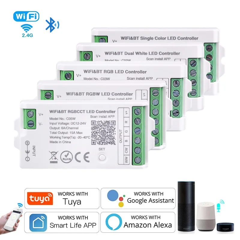 Tuya 와이파이 LED 컨트롤러, 알렉사 구글 홈 음성 제어, RGB RGBW CCT, 스트립 스마트 컨트롤러, 앱 BT RF 원격, 2.4G DC12V-24V title=Tuya 와이파이 LED 컨트롤러, 알렉사 구글 홈 음성 제어, RGB RGBW CCT, 스트립 스마트 컨트롤러, 앱 BT RF 원격, 2.4G DC12V-24V