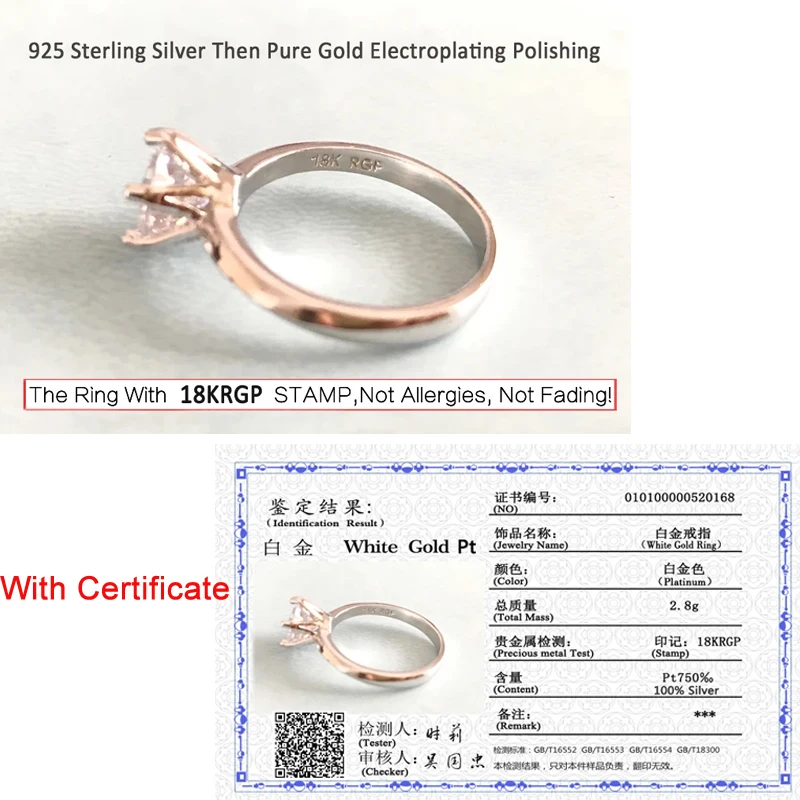 럭셔리 클래식 클래식 18K 화이트 골드 컬러 반지 솔리테어, 2 캐럿 지르코니아 디아만트 웨딩 밴드, 여성 쥬얼리 액세서리