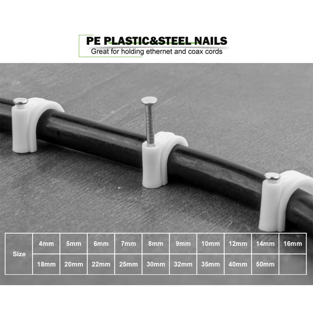 원형 네일 클립 와이어 관리 클램프, 흰색 고정 라운드 스틸 네일 벽 걸이 케이블 클립, 4mm, 5mm, 6mm, 7mm, 8mm, 9mm, 10mm, 12mm, 100 개