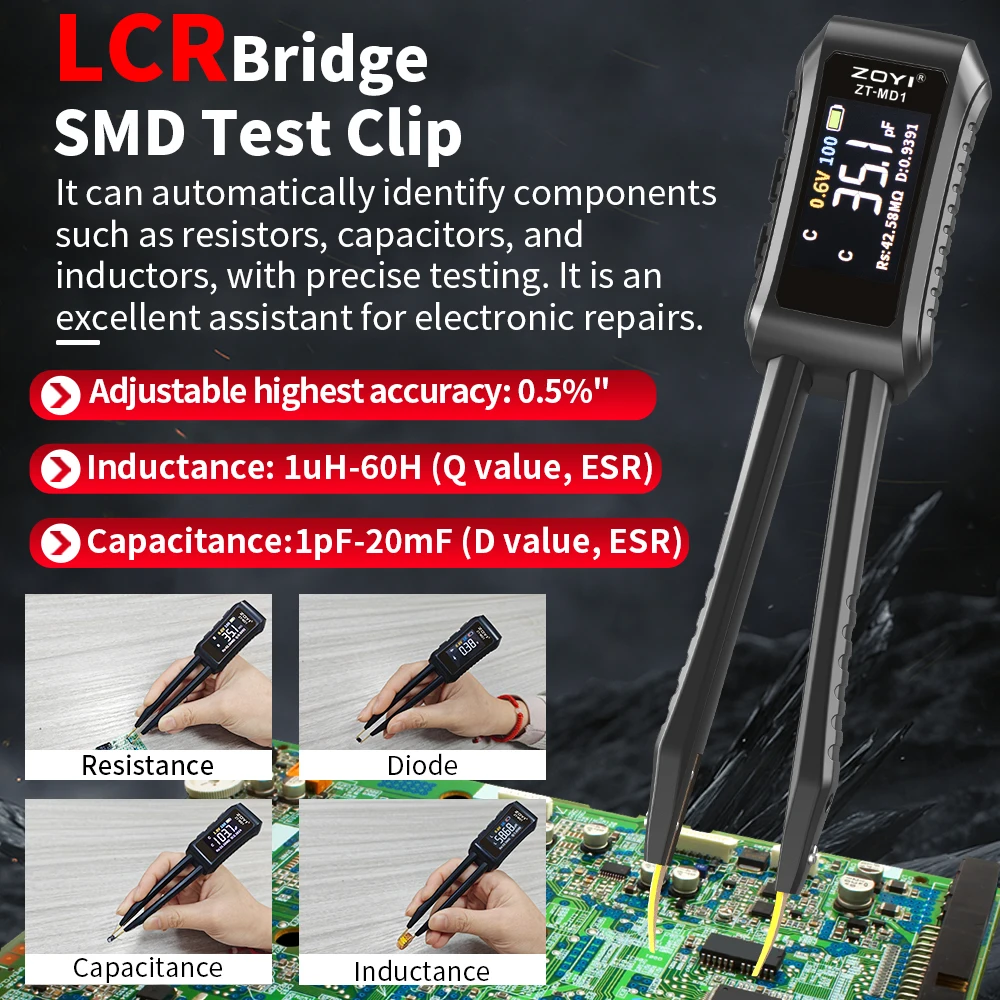 ZOYI ZT-MD1 디지털 스마트 핀셋, LCR SMD ESR 테스터, 저항 커패시턴스 인덕턴스 연속성 다이오드 테스트 측정 도구 title=ZOYI ZT-MD1 디지털 스마트 핀셋, LCR SMD ESR 테스터, 저항 커패시턴스 인덕턴스 연속성 다이오드 테스트 측정 도구 