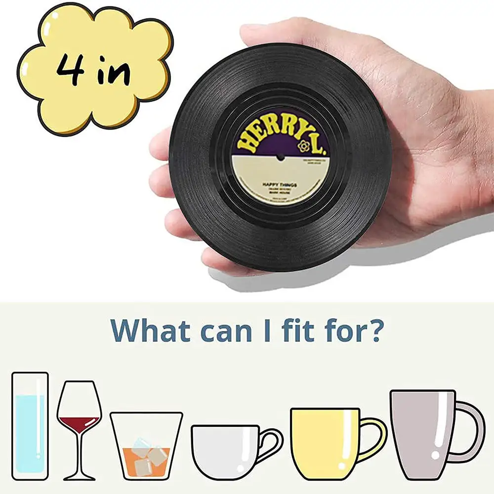음료용 비닐 컵 받침 6 개 세트, 음악 받침, 비닐 레코드 플레이어 홀더, 레트로 레코드 디스크 컵 받침, 크리에이티브 머그 패드 매트