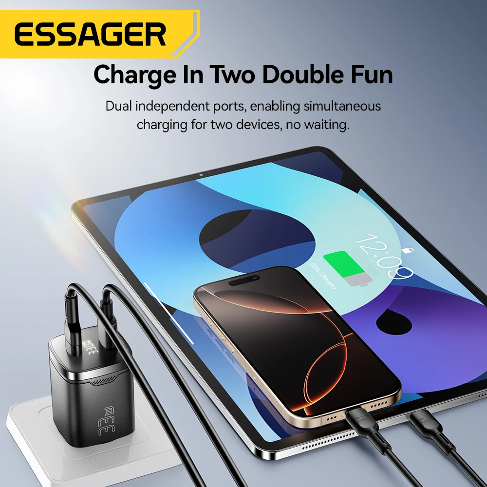 Essager 33W GaN USB 유형 C 충전기 디지털 디스플레이 PD iPhone 16 15 14 Pro Max iPad Mini 6 Xiaomi Samsung S22 용 고속 충전