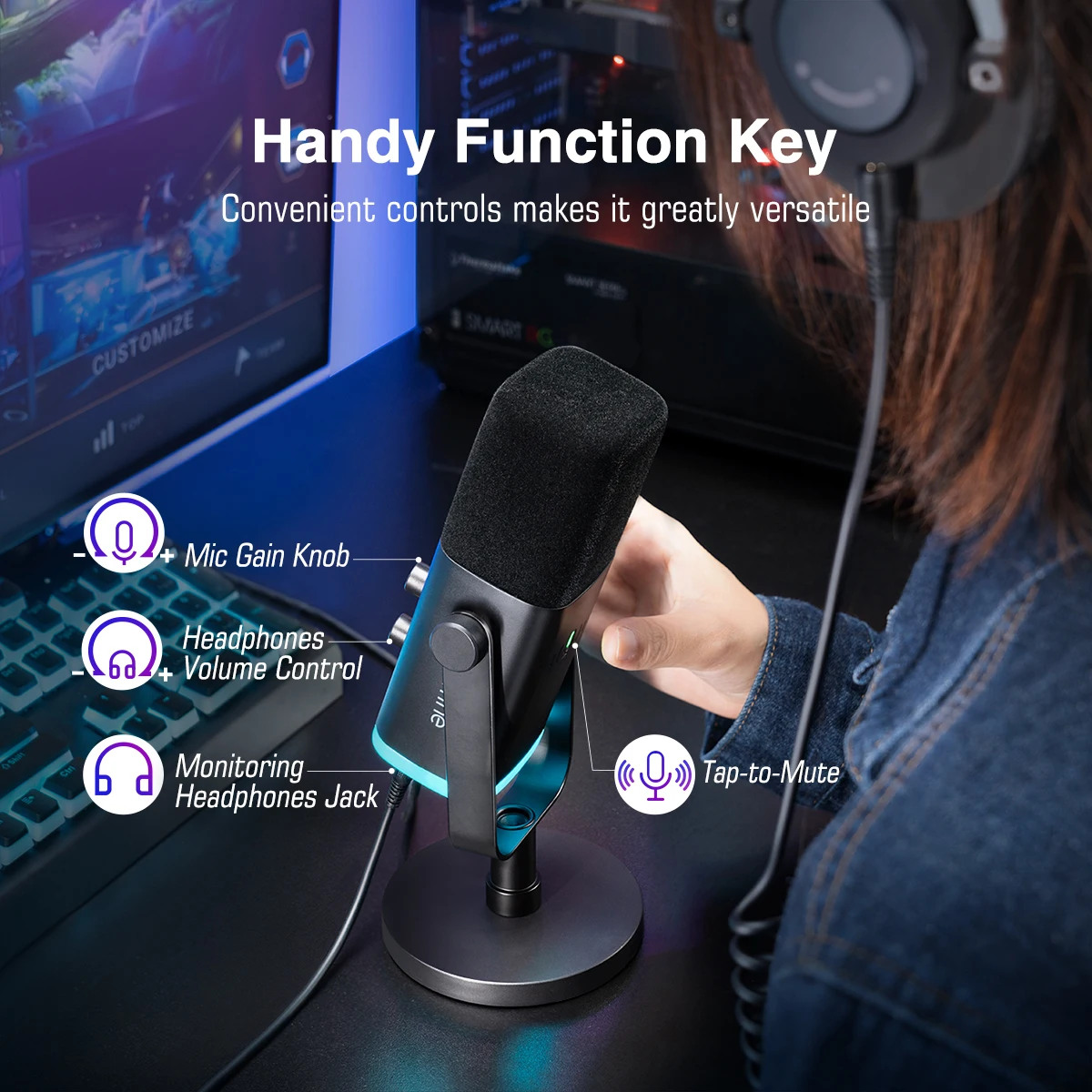 FIFINE USB XLR 다이나믹 마이크, RGB 컨트롤, 헤드폰 잭, 음소거, PC 게임 녹음 스트리밍 AmpliGame-AM8 마이크