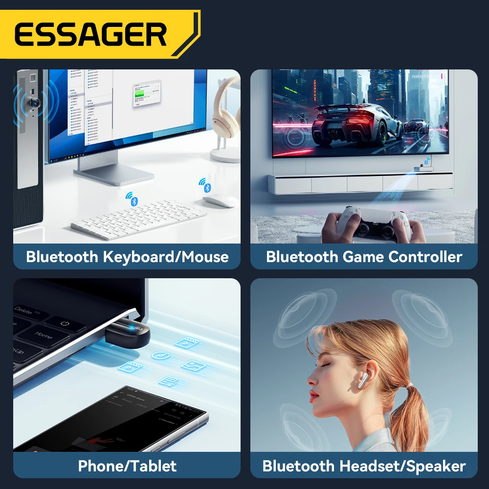 Essager USB 블루투스 5.3 어댑터, Aux 오디오 리시버 송신기, PC 스피커, 노트북 사운드박스, 무선 마우스, USB 송신기