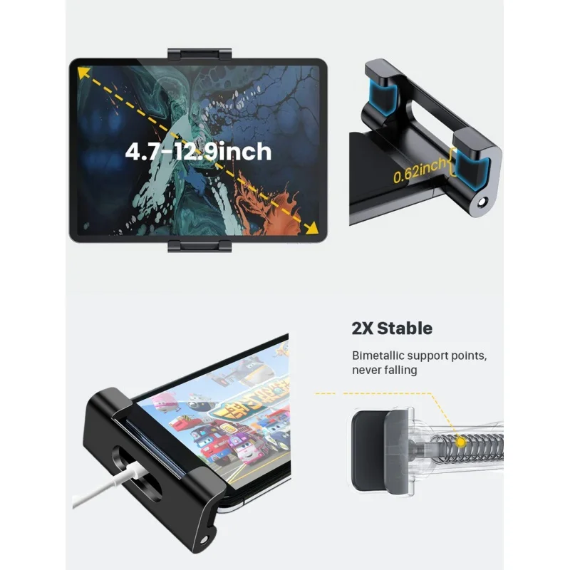 차량용 거치대 태블릿 및 휴대폰 거치대 뒷좌석 헤드레스트 장착 거치대 액세서리, 아이패드 프로 12.9 인치, 4.7-13 인치