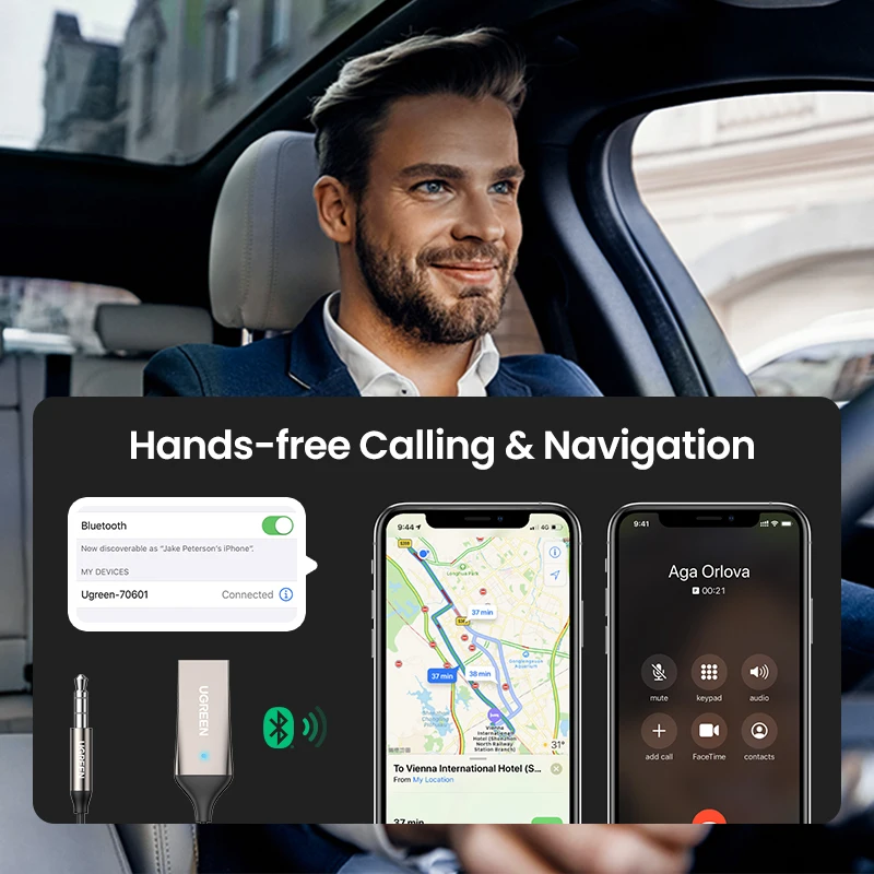 UGREEN 블루투스 5.3 핸즈프리 어댑터, AUX 음악 내비게이션, 스트리밍 마이크, 통화, 자동차, 3.5mm