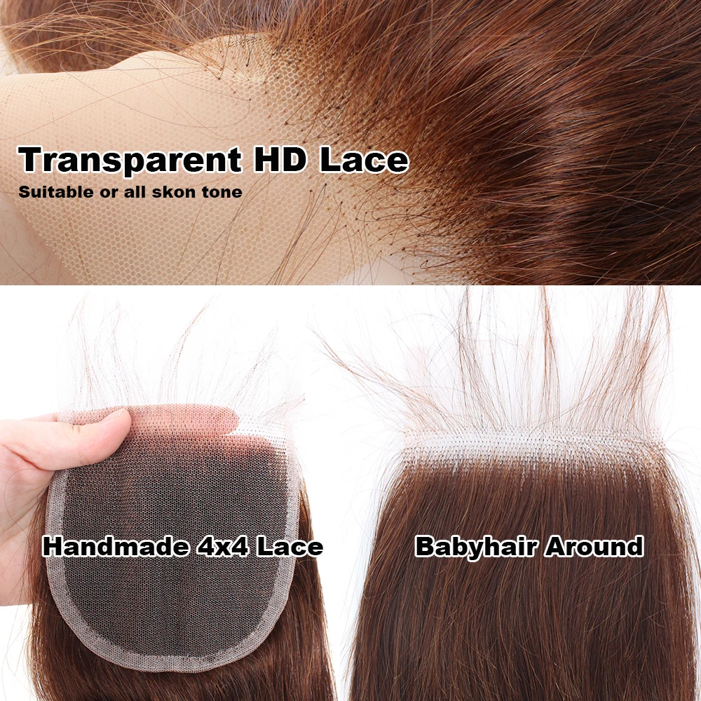 클로저 바디 웨이브 인모 번들, 브라질 번들, 4x4 레이스 클로저 다크 브라운, 금발 컬러 3/4 번들, 헤어 레미, 10A