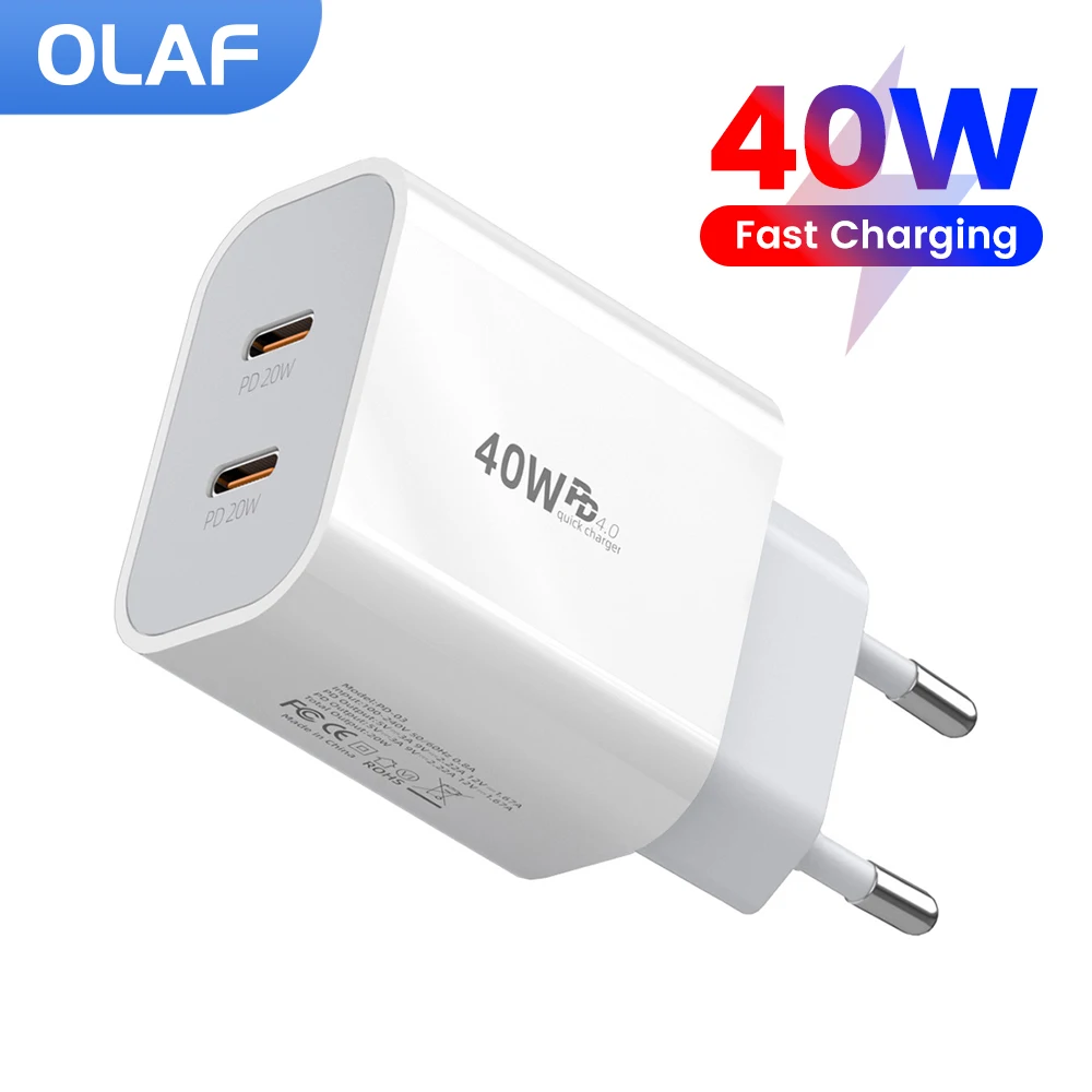 Olaf 아이폰 샤오미 삼성 화웨이 휴대폰용 USB C 타입 고속 충전기 어댑터, QC 3.0 듀얼 PD 충전기, 40W title=Olaf 아이폰 샤오미 삼성 화웨이 휴대폰용 USB C 타입 고속 충전기 어댑터, QC 3.0 듀얼 PD 충전기, 40W 
