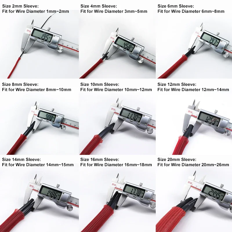 절연 PET 브레이드 슬리브, 고밀도 와이어 랩 시스 보호, 블랙 레드 케이블 슬리브, 2m, 4mm, 6mm, 8mm, 10mm, 12mm, 14mm, 16mm, 20mm, 25mm, 30mm, 40mm