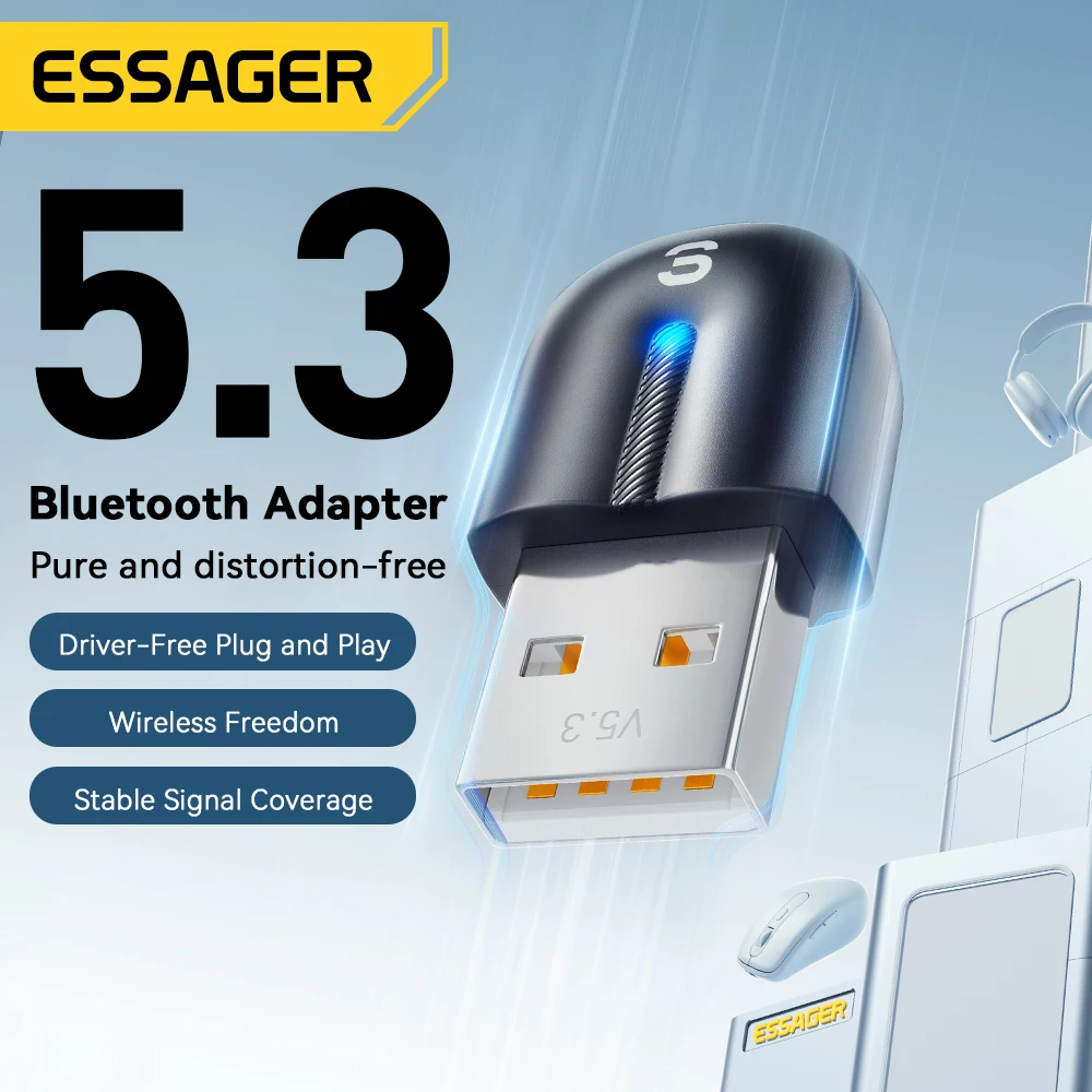Essager USB 블루투스 5.3 어댑터, Aux 오디오 리시버 송신기, PC 스피커, 노트북 사운드박스, 무선 마우스, USB 송신기
