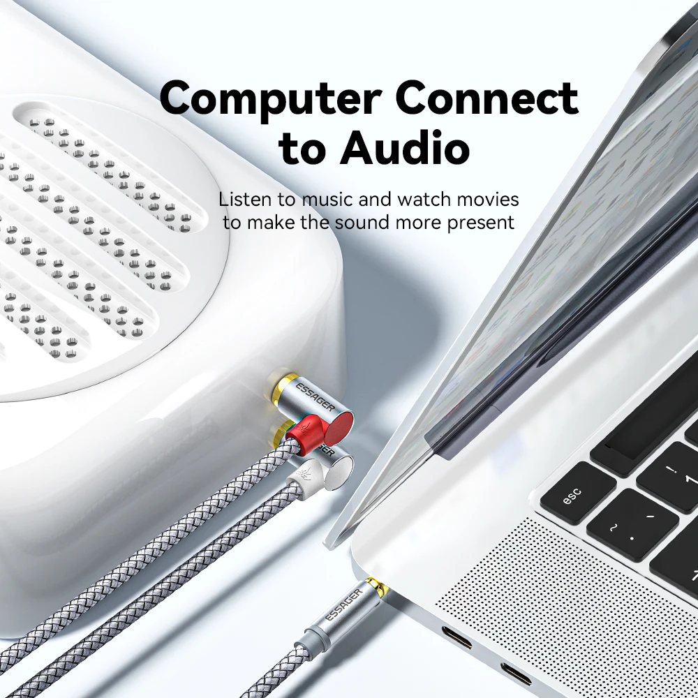 Essager RCA 오디오 스테레오 케이블 잭, 앰프 오디오 홈 시어터 와이어용 스플리터 수 어댑터, 90 ° 각도, 3.5mm-2RCA 케이블