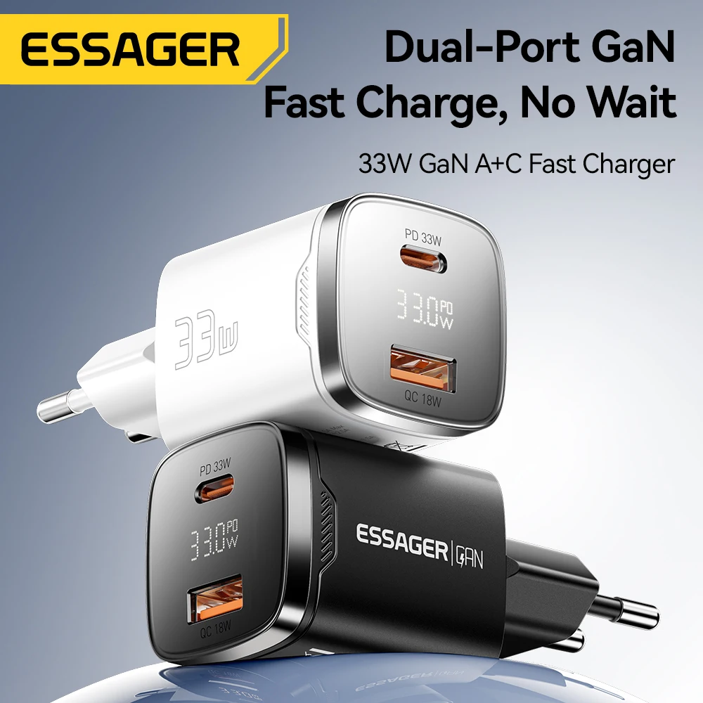 Essager 33W GaN USB 유형 C 충전기 디지털 디스플레이 PD iPhone 16 15 14 Pro Max iPad Mini 6 Xiaomi Samsung S22 용 고속 충전