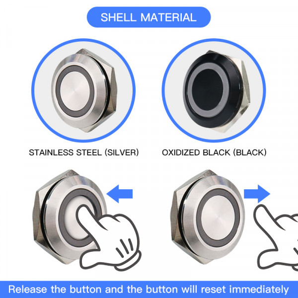 초단 LED 라이트 스위치, 와이어 포함, 순간 셀프 리셋, 방수 금속 푸시 버튼 스위치, 19mm, 22mm, 25mm, 30mm, 3V, 6V, 12V, 24V, 220V