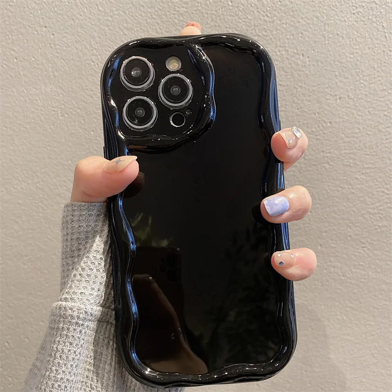 웨이브 패턴 솔리드 크림 iPhone 16 15 14 13 12 11 Pro Max 미니 투명 노란색 방지 커플 화이트 클리어 폰 케이스