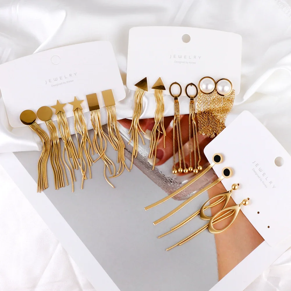 LUXUKISSKIDS 스테인레스 매달려 귀걸이 긴 술 드롭 황금 펜던트 한국 패션 여성 요정 웨딩 파티 액세서리