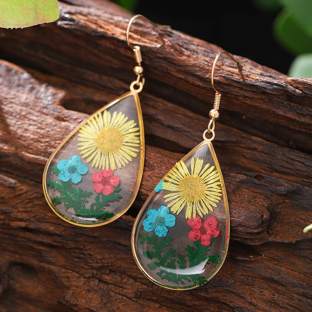 여성 액세서리에 대한 패션 기하학적 투명 수지 꽃 드롭 귀걸이 새로운 유행 골드 컬러 귀걸이 파티 보석 선물