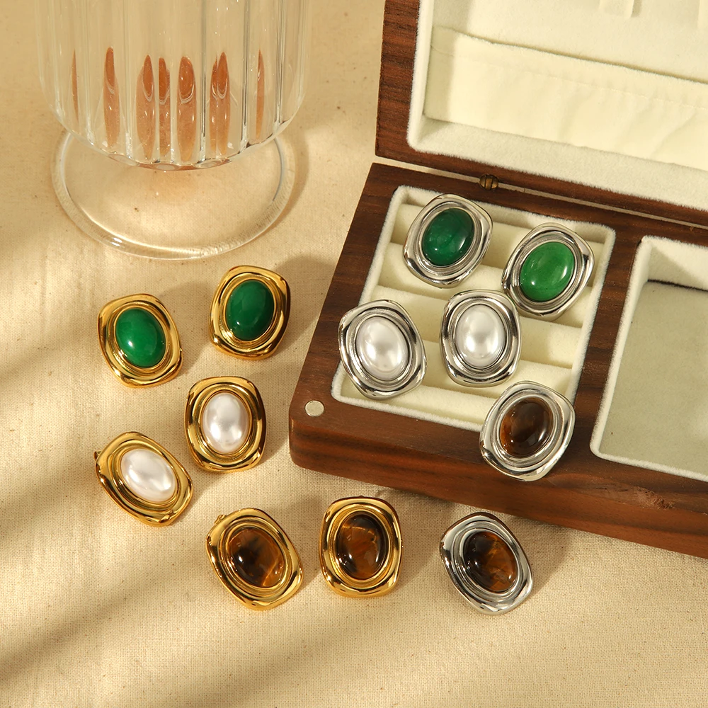 신제품 성명 자연 돌 타이거 아이 귀걸이 여성을위한 방수 골드 도금 스테인레스 스틸 진주 스터드 귀걸이 title=신제품 성명 자연 돌 타이거 아이 귀걸이 여성을위한 방수 골드 도금 스테인레스 스틸 진주 스터드 귀걸이 