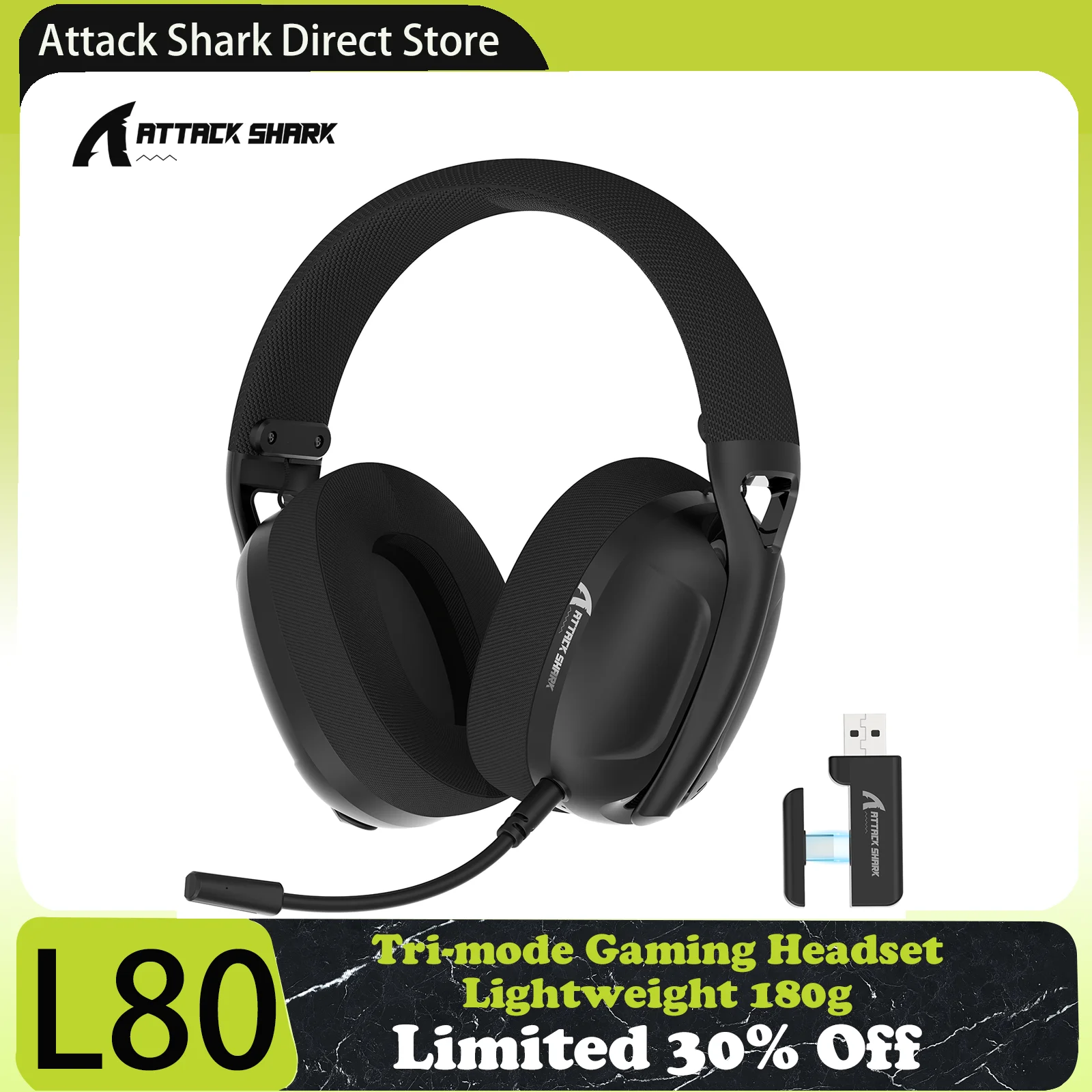Attack Shark L80 트라이 모드 게임용 헤드셋, 경량 180g, 5.1 채널 Hi-Fi 스테레오 서라운드 사운드, 플러그형 마이크 title=Attack Shark L80 트라이 모드 게임용 헤드셋, 경량 180g, 5.1 채널 Hi-Fi 스테레오 서라운드 사운드, 플러그형 마이크 