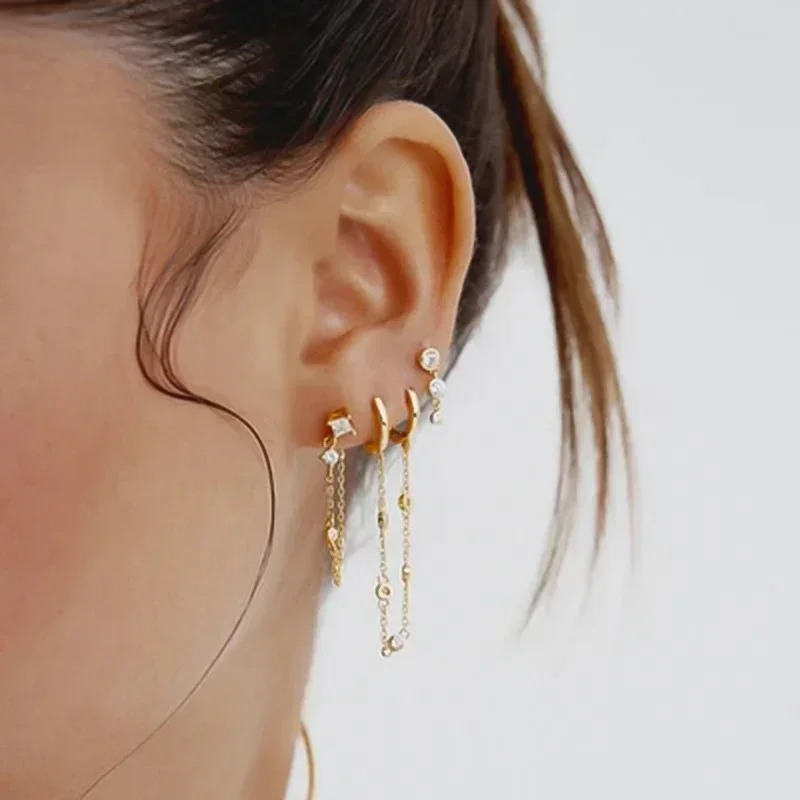 여성을위한 925 스털링 실버 긴 체인 술 드롭 귀걸이 크리스탈 지르콘 스타 천공 귀걸이 파인 쥬얼리 선물 펜던트