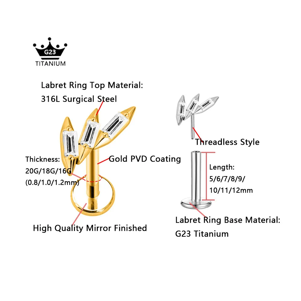ASTM F136 G23 티타늄 플라워 하트 스타 드롭 스레드리스 피어싱 꽃잎 리프 문 핀 푸시 인 라브레트 스터드 Daith Conch 귀걸이