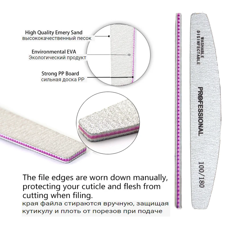 50/25 개/갑 전문 빨 수있는 네일 파일 100 ~ 180 하프 문 강한 사포 내구성 파일 손톱 도구 매니큐어 용품