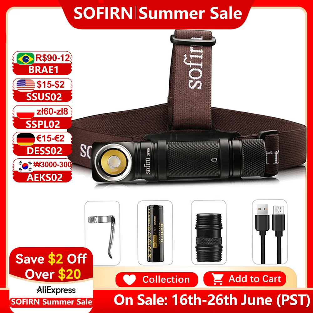 Sofirn SP40A TIR 광학 충전식 LED 전조등 LH351D 1200lm 18650 헤드라이트 18350 자석 꼬리가 있는 각도 손전등 title=Sofirn SP40A TIR 광학 충전식 LED 전조등 LH351D 1200lm 18650 헤드라이트 18350 자석 꼬리가 있는 각도 손전등
