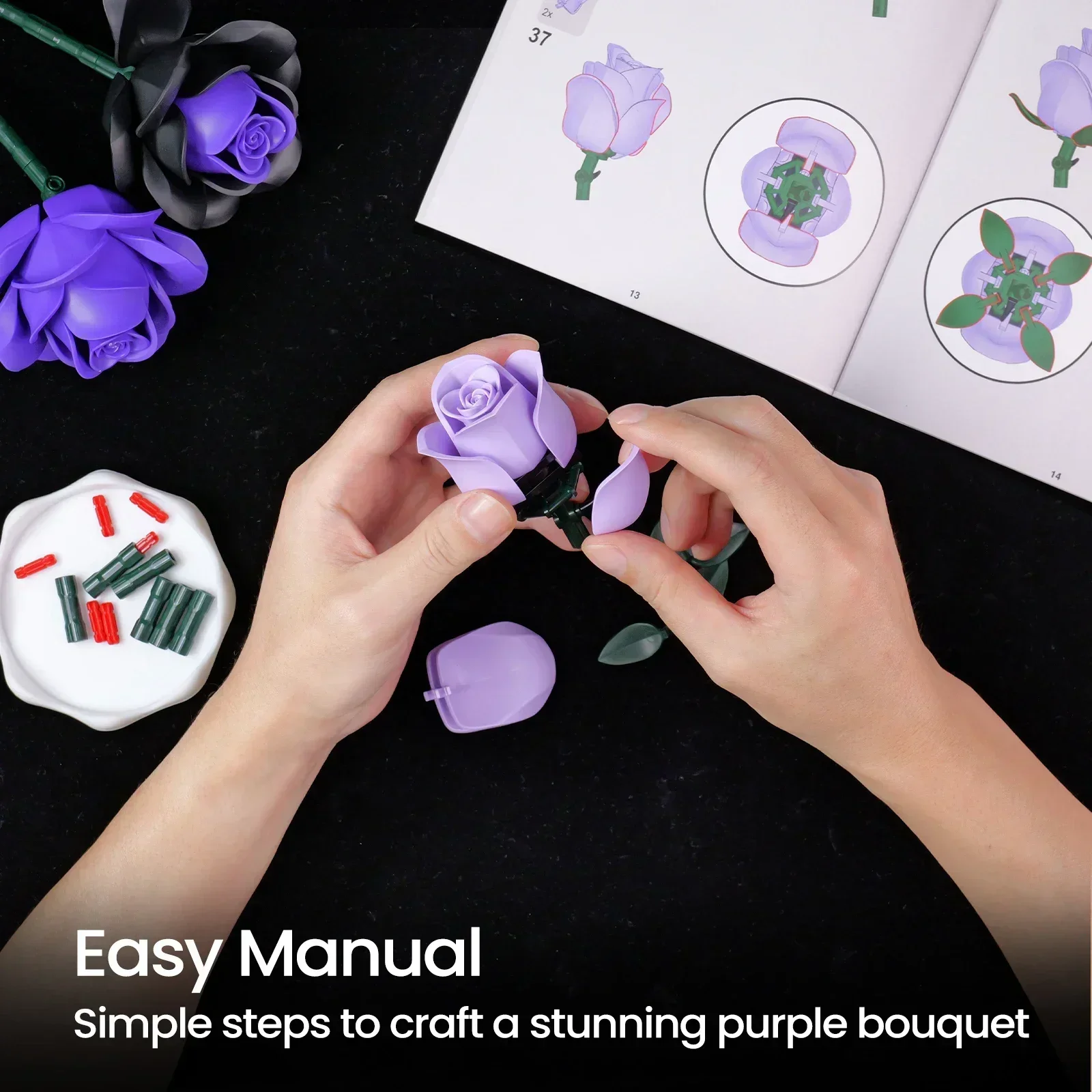 BuildMOC 보라색 장미 식물 빌딩 블록 세트, 고딕 장식 인공 장미 꽃 꽃다발 모델 장난감 발렌타인 데이 선물